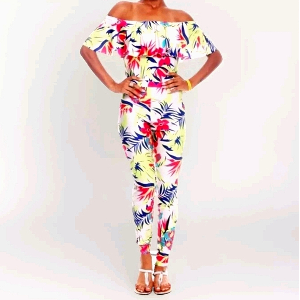 Missi London Tropical Print Off Shoulder Scuba Jumpsuit 10 Summer Spring Resort